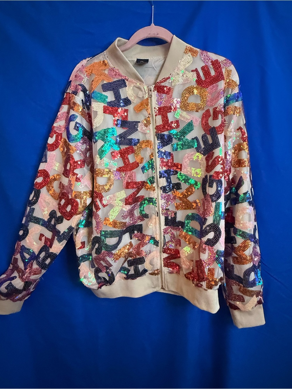 Sequin Alphabet Bomber Jacket - Multicolor